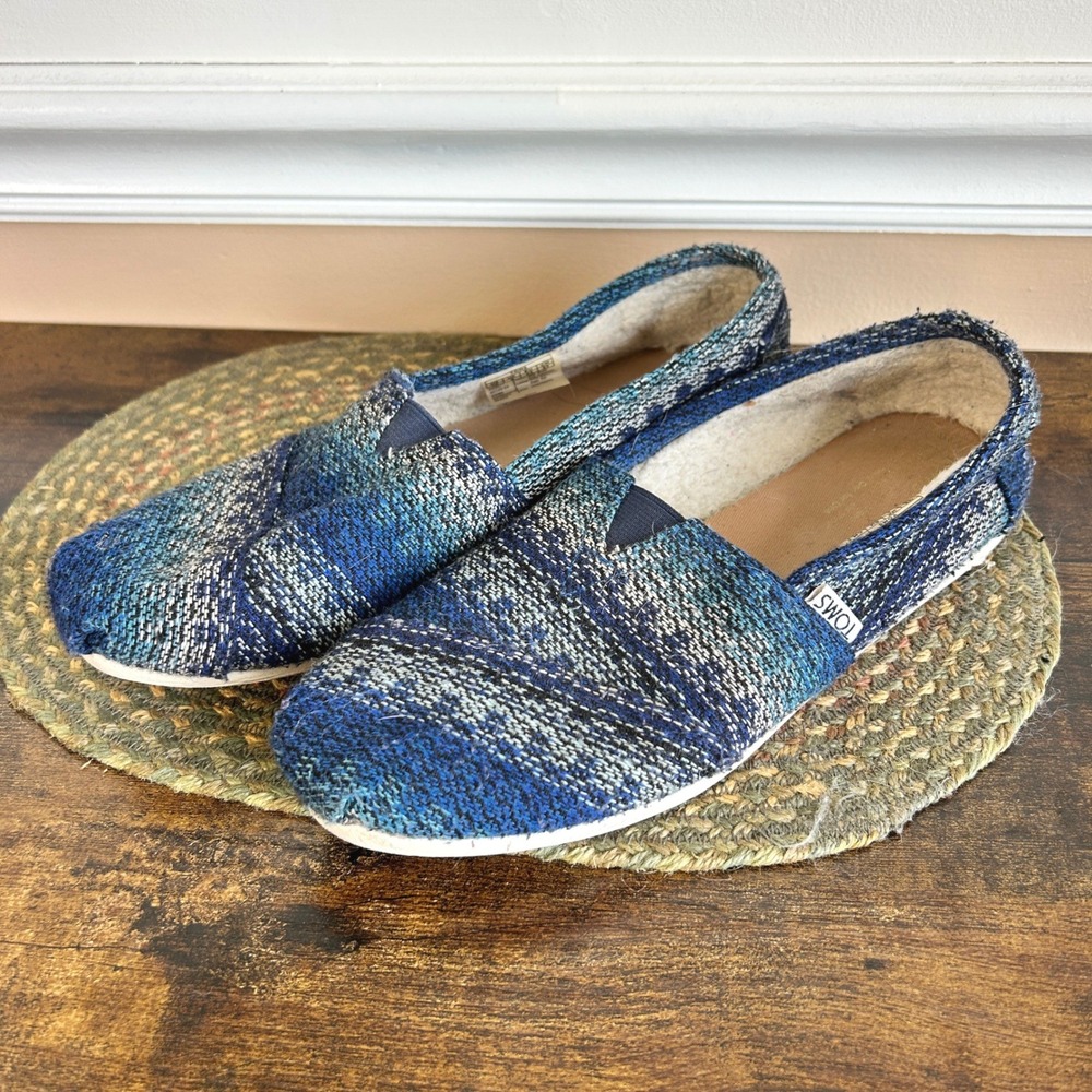 TOMS Alpargata Blue Woven Wool Faux Fur Lined Slip On Flats Mens 10 Womens 12